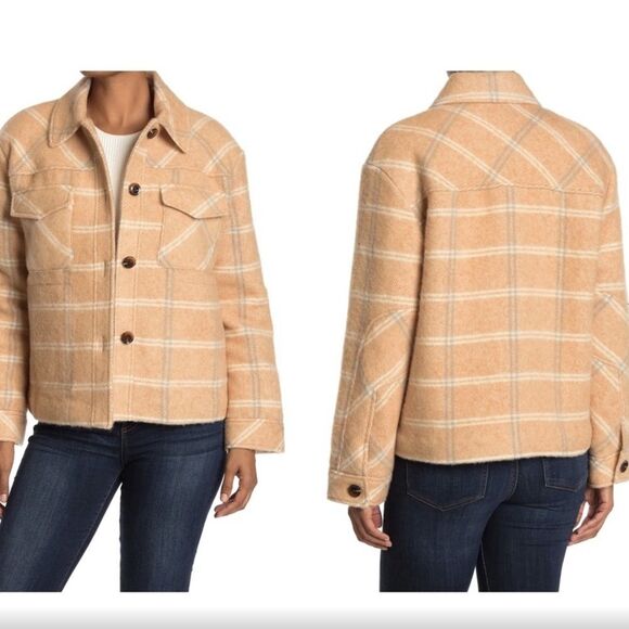 Samsoe and Samsoe Leonie Tan Flannel Diamond Quilted Thick Boxy Shirt Jacket L - Picture 1 of 10